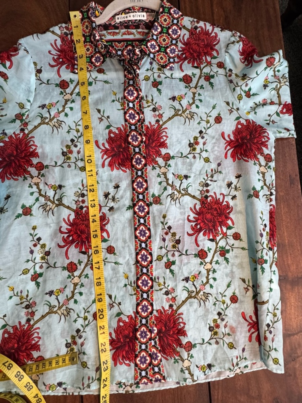 Alice + Olivia Light Blue Button-Down Shirt with Red Floral Print - Picture 7 of 11